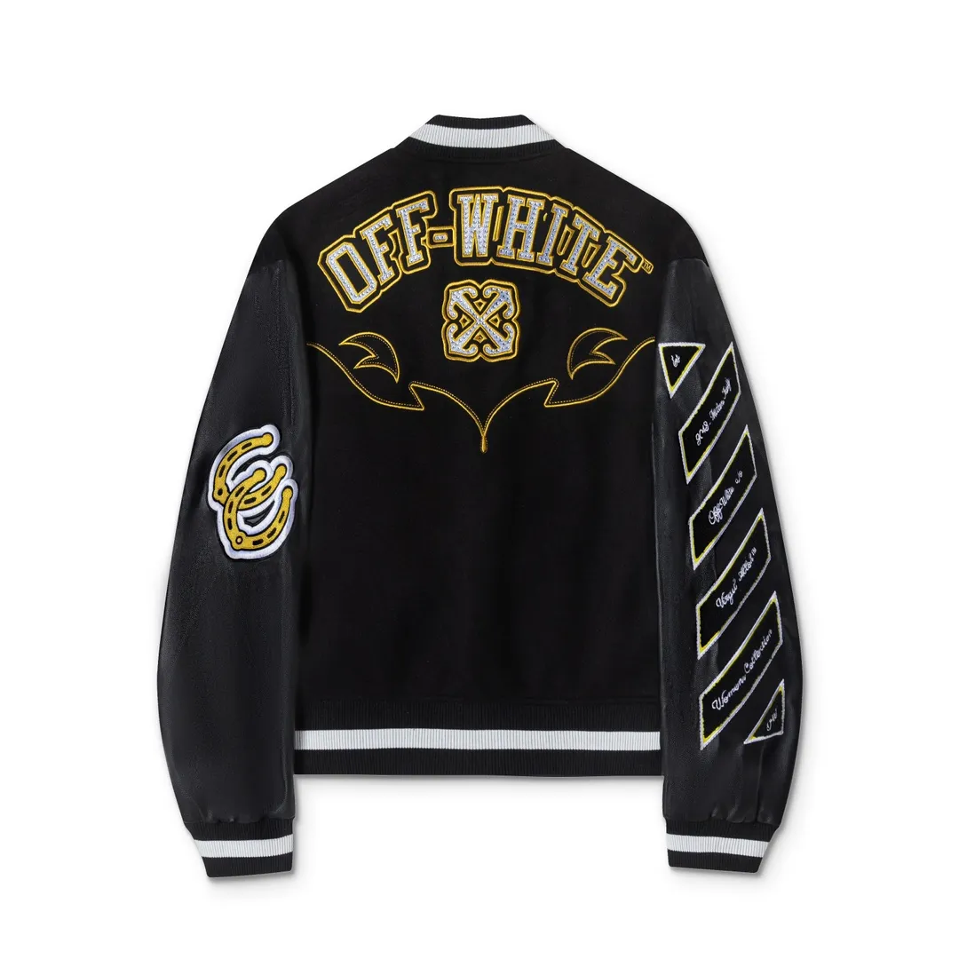 S29#P676, off white 2024 autumn and winter new style heavy industry embroidery hot diamond stitched leather baseball jacket couple style color black size: S M L XL